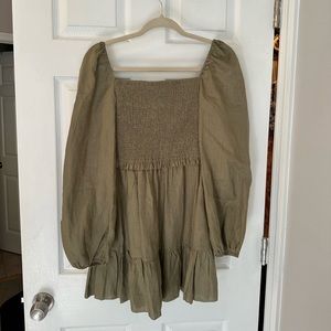 Quince Olive Linen Smocked Mini Dress, Size M